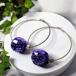 Large Silver Statement Hoop Earrings with Lavender Purple Sequin Disco Ball…